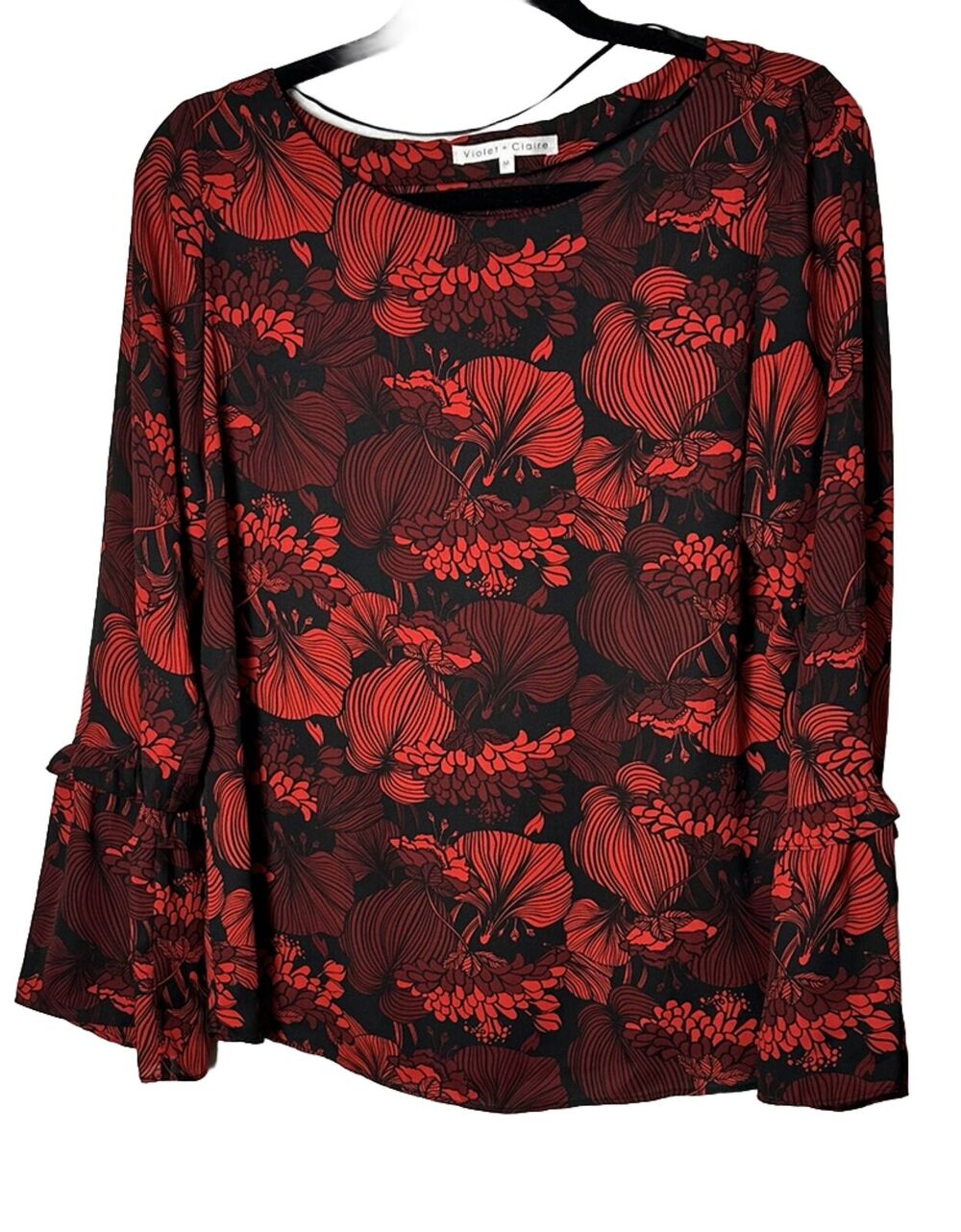 VIOLET & CLAIRE Women’s Red Black Floral BLOUSE Long Sleeve Ruffle Size Medium